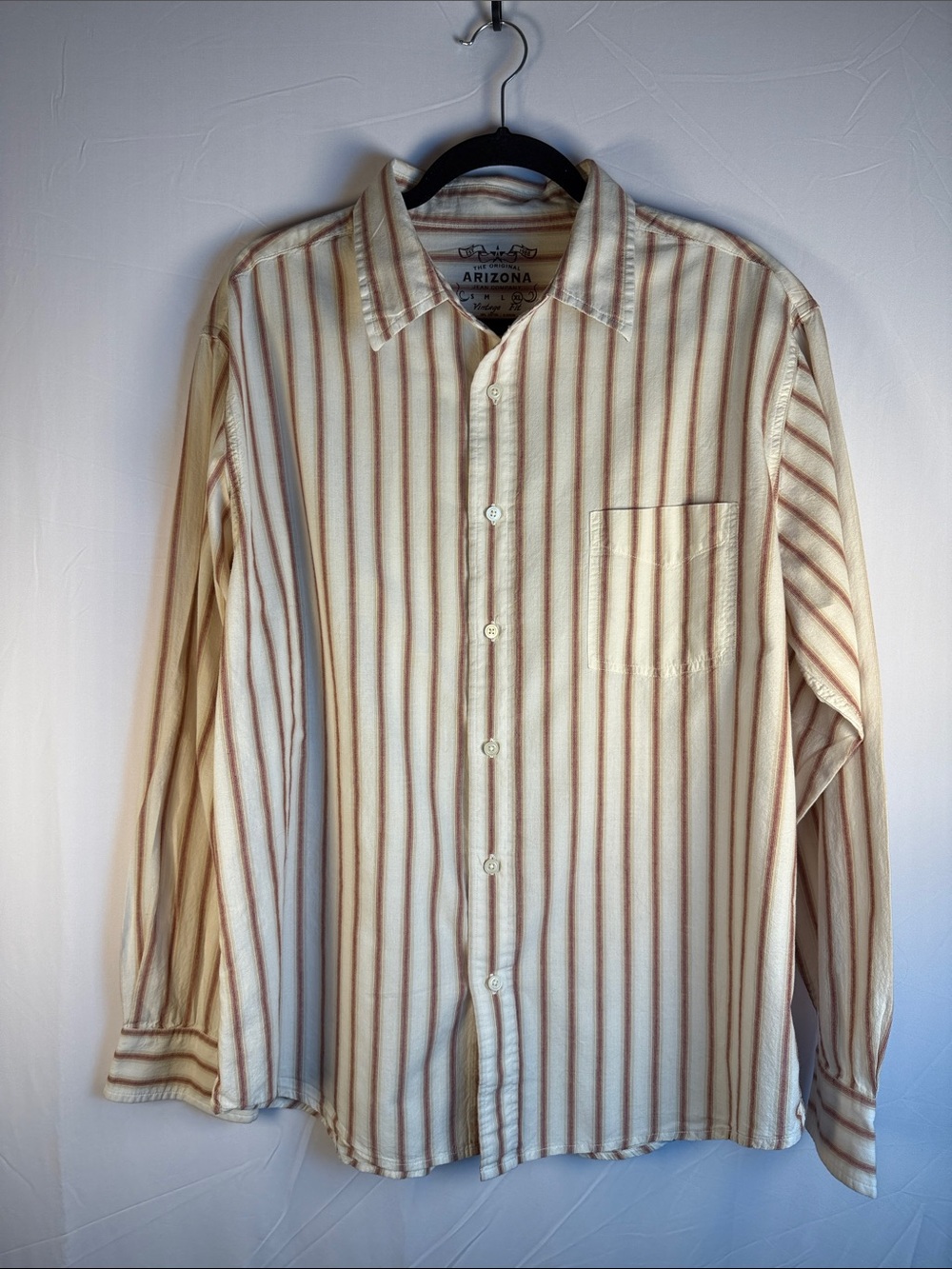 Arizona Jean Company Cream and Brown Striped Casual Button-Down Shirt